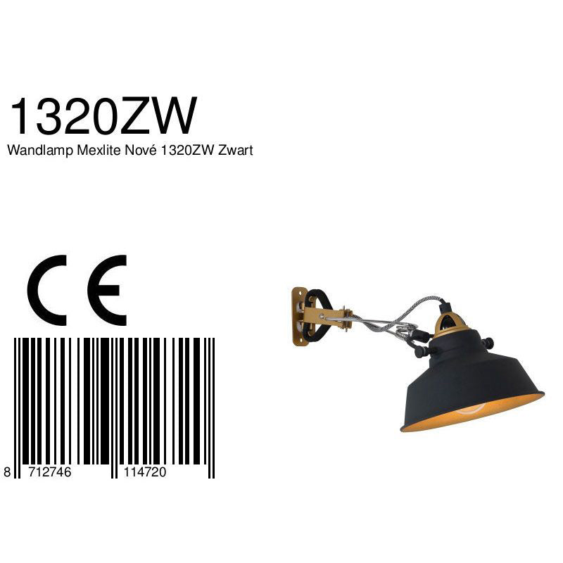 Zwarte klemlamp / wandlamp Nove 1320ZW met E27 fitting en schakelaar