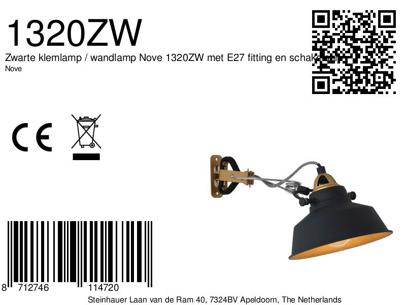 Zwarte klemlamp / wandlamp Nove 1320ZW met E27 fitting en schakelaar
