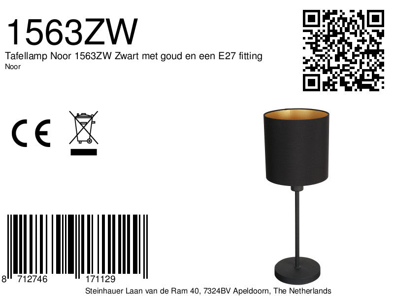 Tafellamp Noor 1563ZW Zwart met goud en een E27 fitting