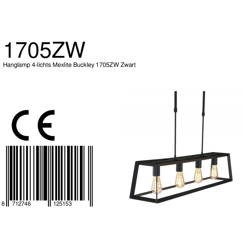 Zwarte hanglamp Buckley 1705ZW met 4 x een E27 fitting
