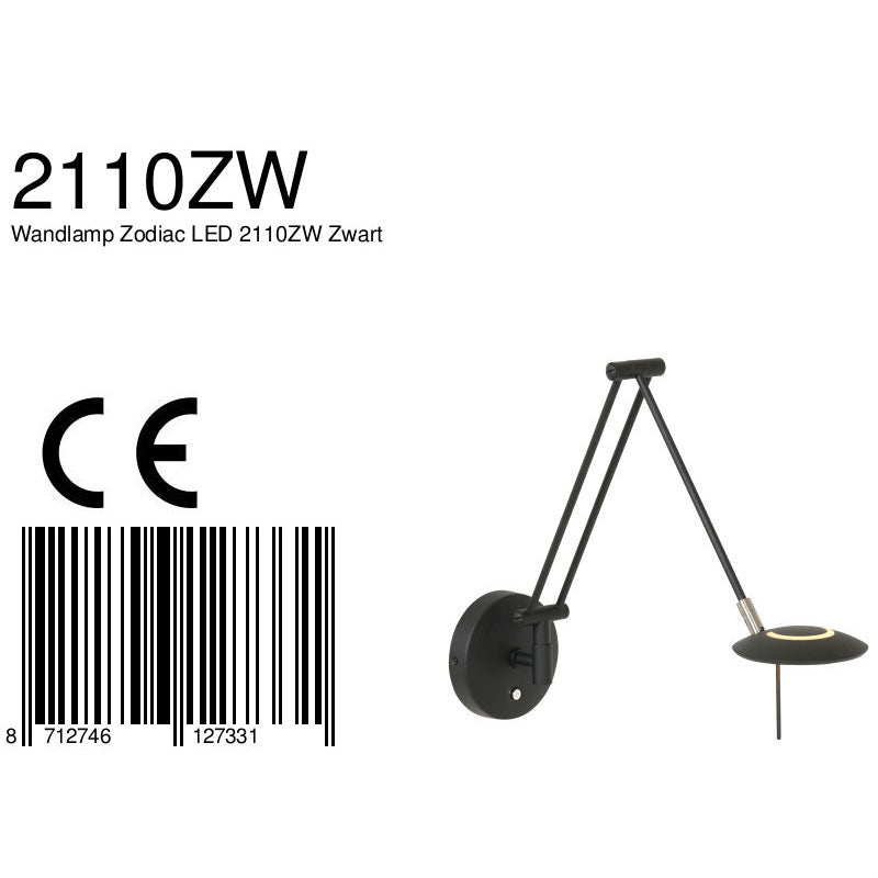 Wandlamp Zodiac 2110ZW Zwart Dimbaar draaibaar kantelbaar