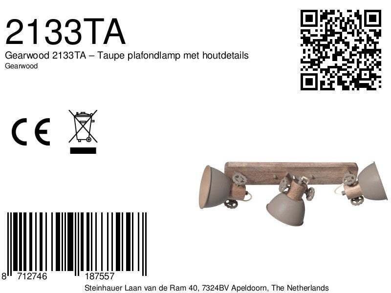 Gearwood 2133TA – Taupe plafondlamp met houtdetails