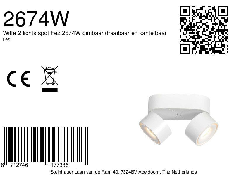 Witte 2 lichts spot Fez 2674W dimbaar draaibaar en kantelbaar