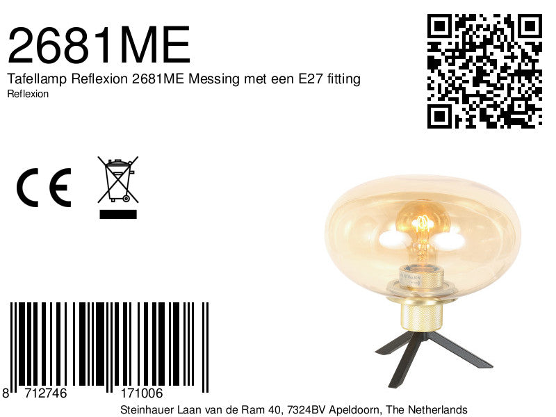 Tafellamp Reflexion 2681ME messing lamp met amber glas