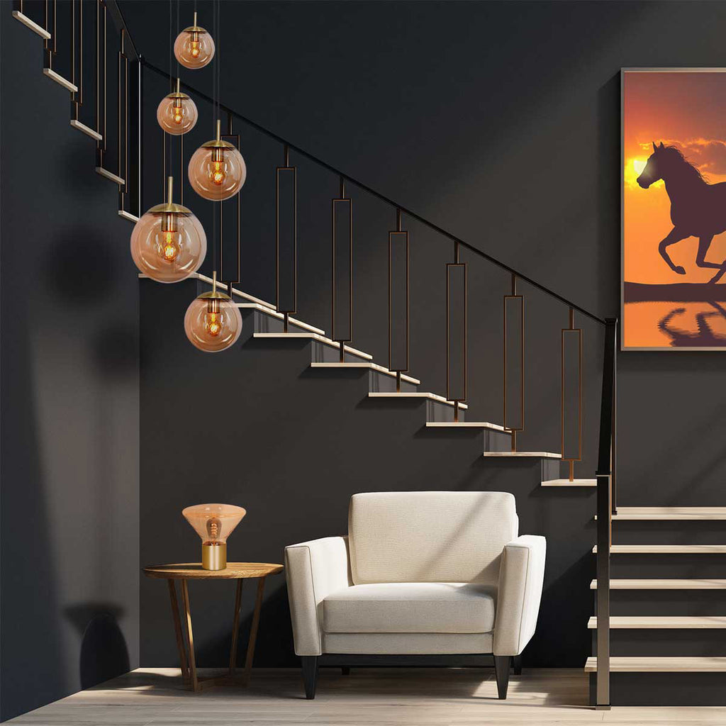 Hanglamp Bollique 2730ME messing 5 lichts lamp met amber glas