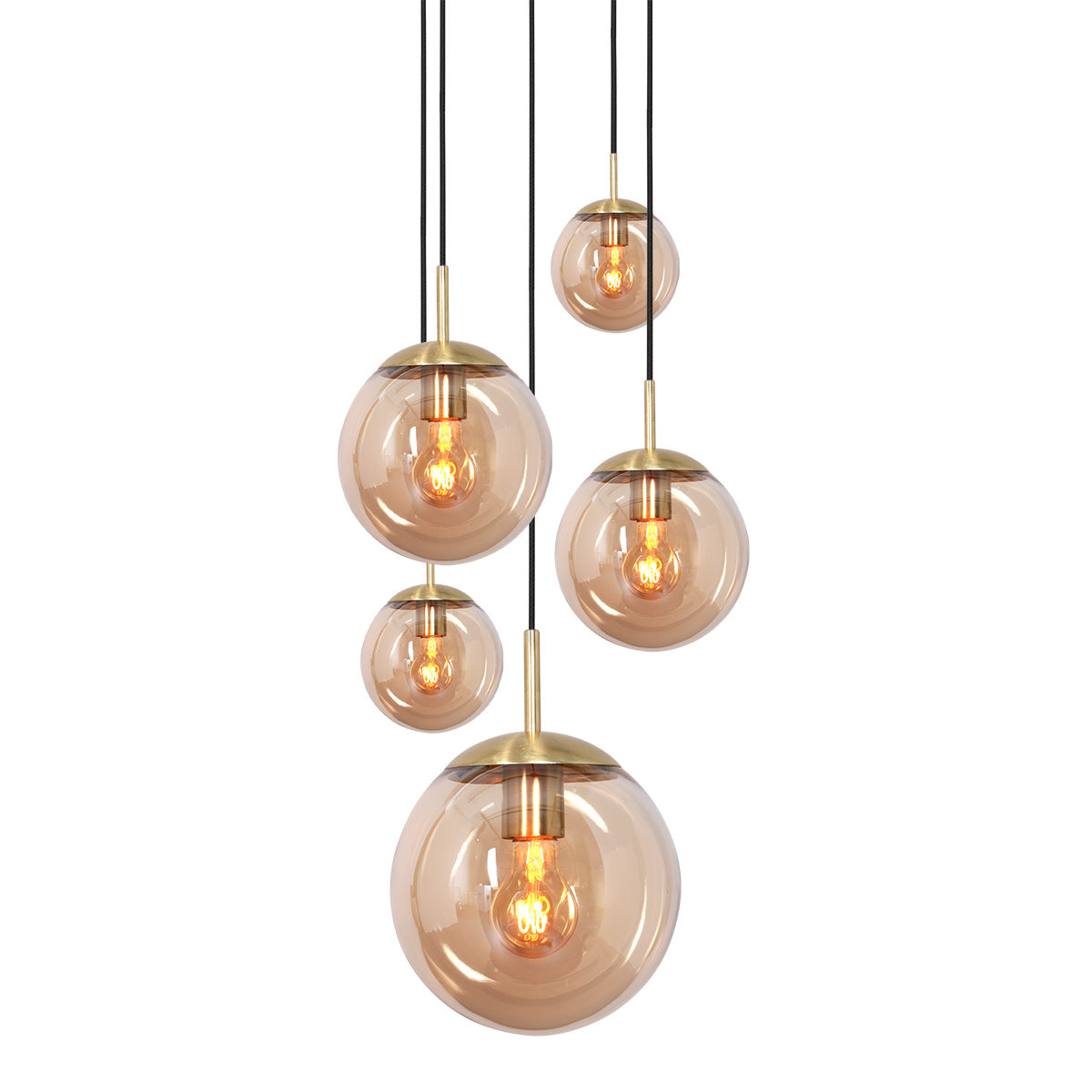 Hanglamp Bollique 2730ME messing 5 lichts lamp met amber glas