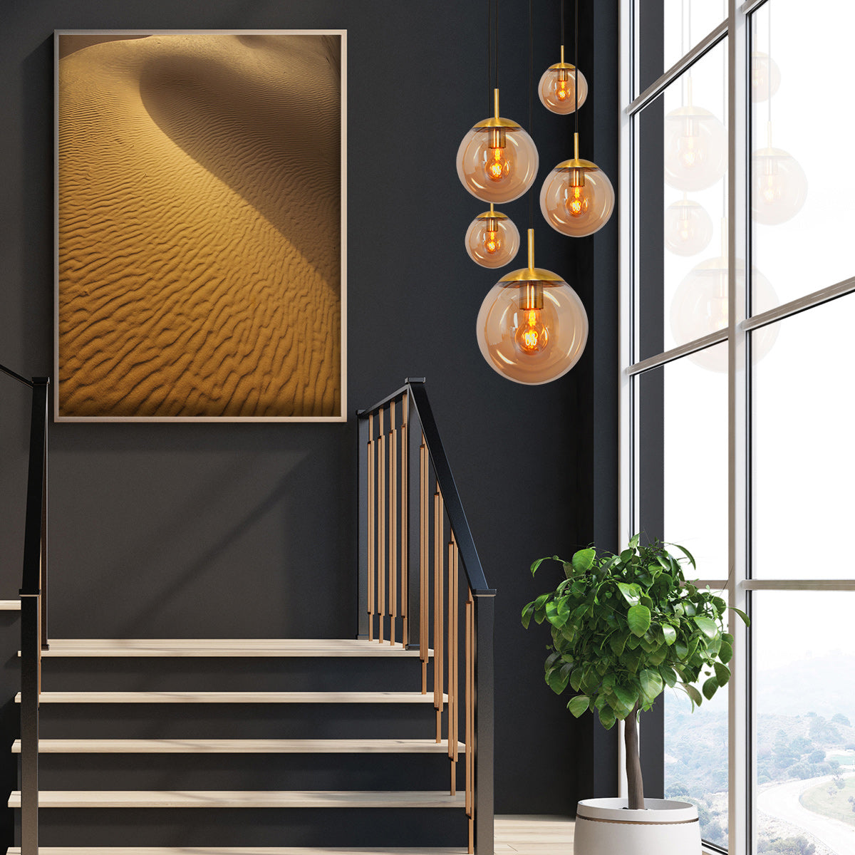 Hanglamp Bollique 2730ME messing 5 lichts lamp met amber glas