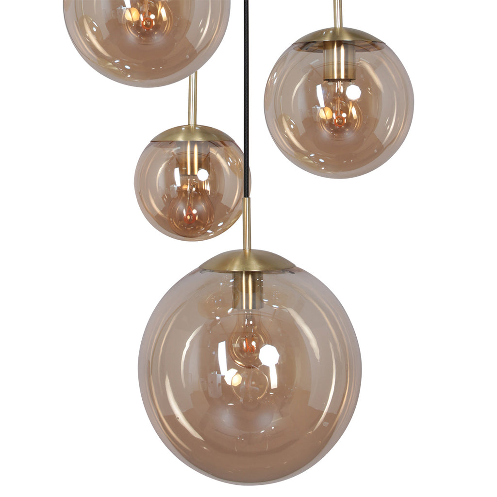 Hanglamp Bollique 2730ME messing 5 lichts lamp met amber glas