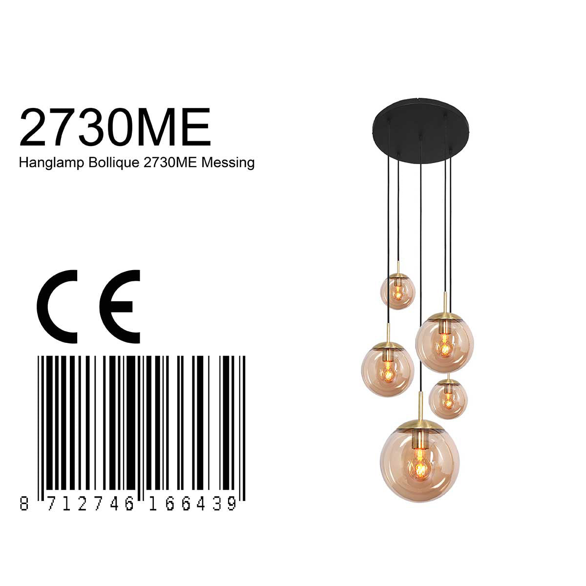 Hanglamp Bollique 2730ME messing 5 lichts lamp met amber glas