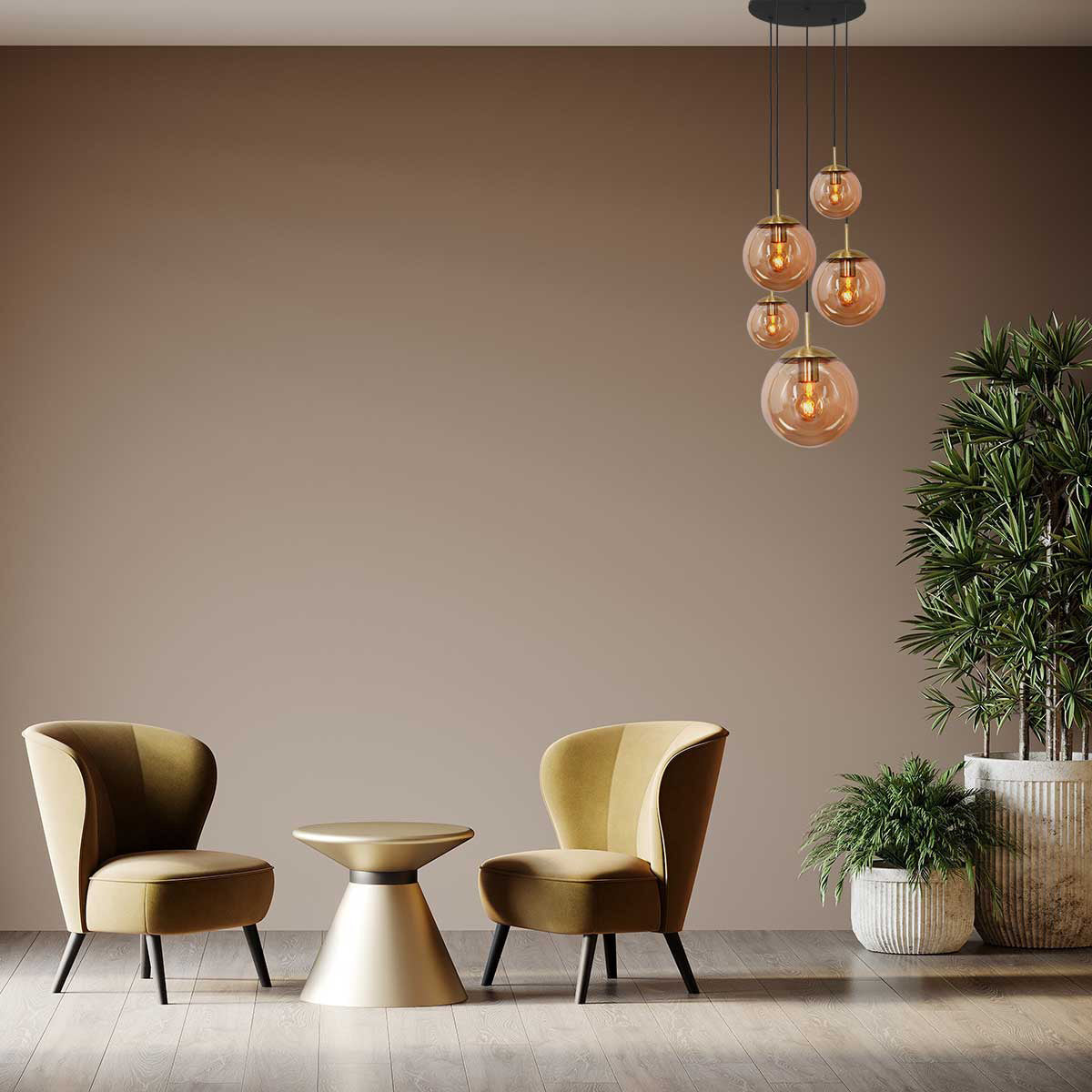 Hanglamp Bollique 2730ME messing 5 lichts lamp met amber glas
