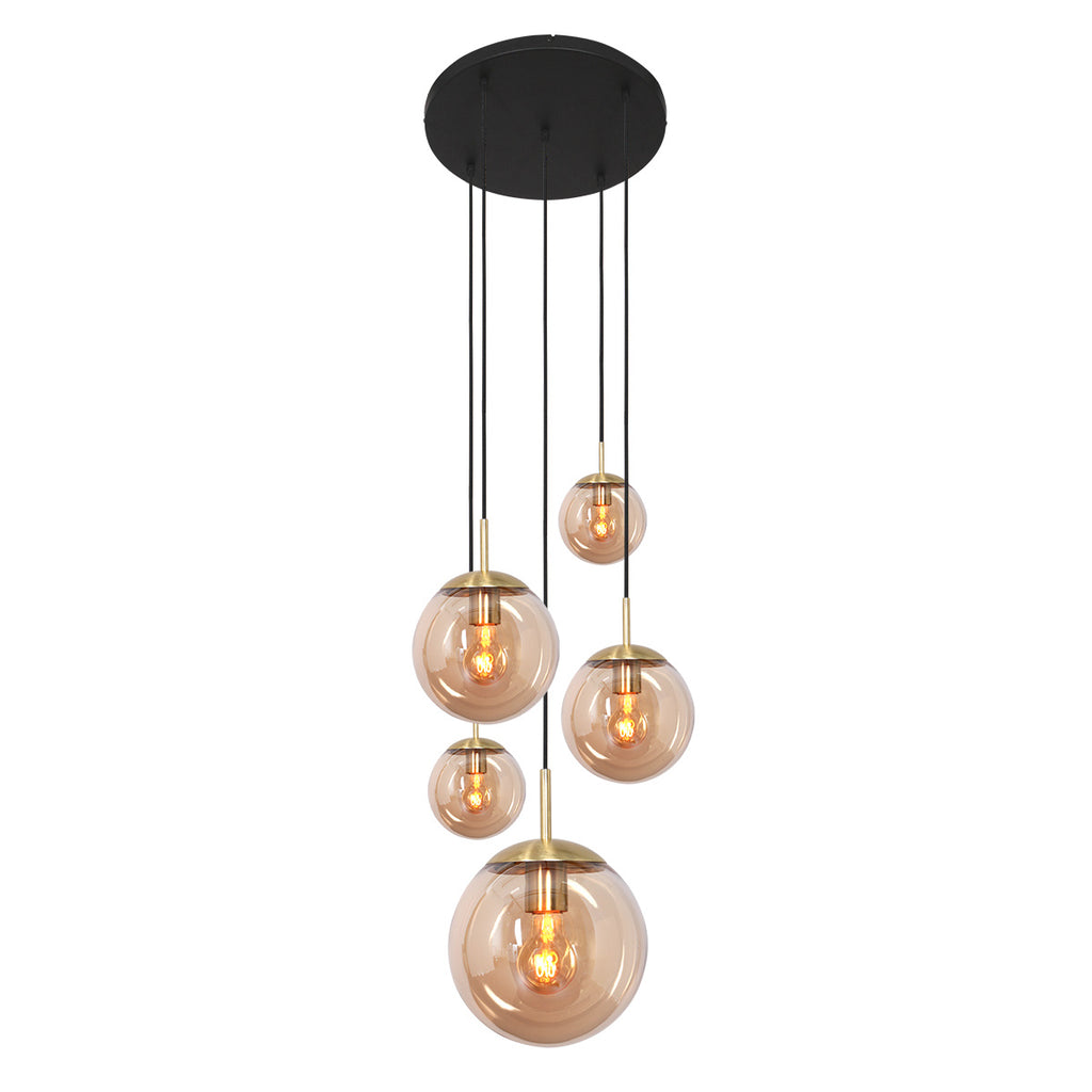 Hanglamp Bollique 2730ME messing 5 lichts lamp met amber glas