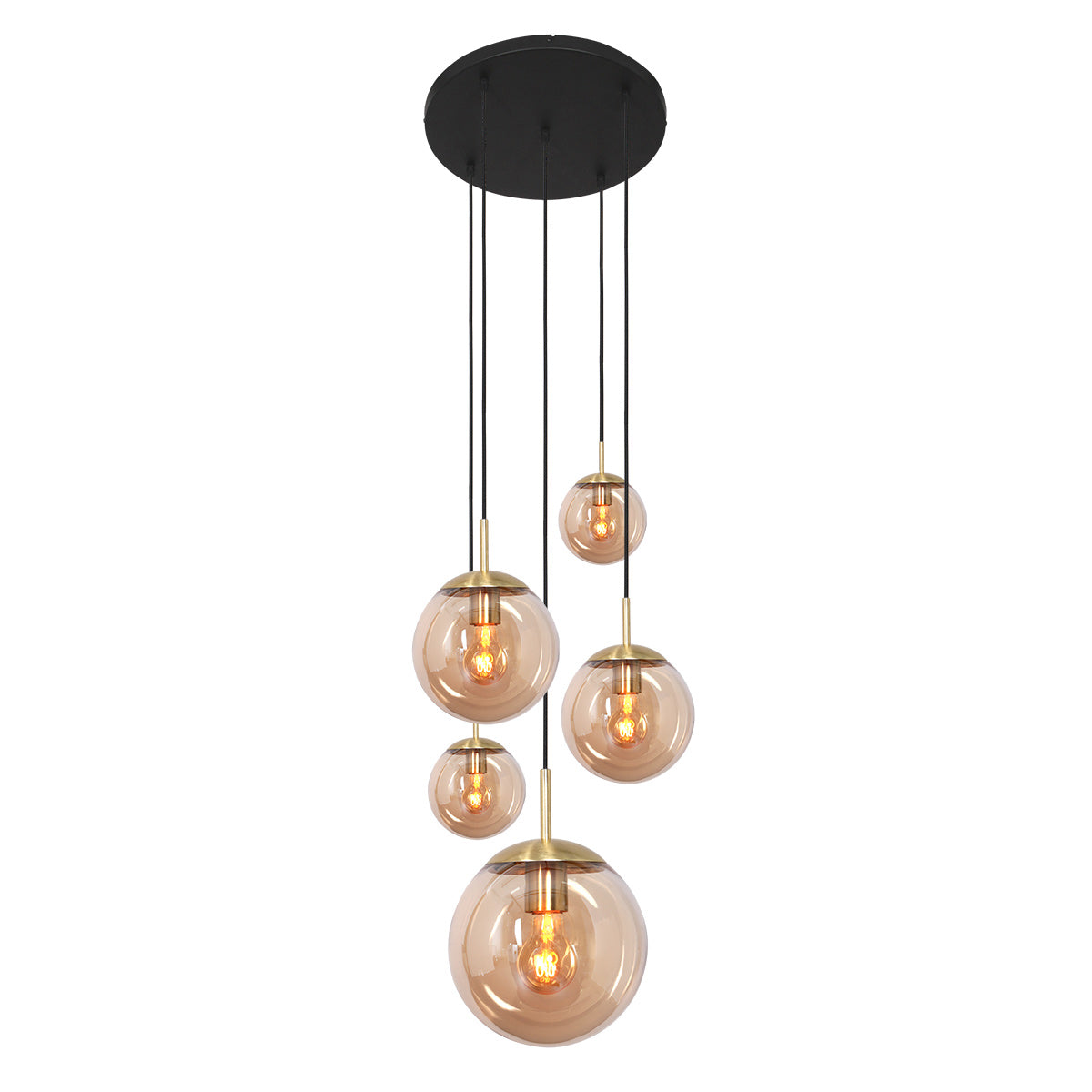 Hanglamp Bollique 2730ME messing 5 lichts lamp met amber glas
