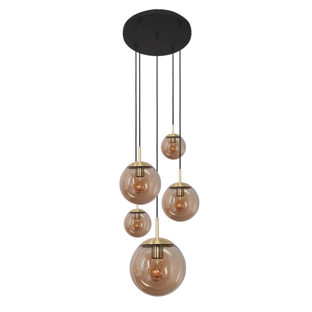 Hanglamp Bollique 2730ME messing 5 lichts lamp met amber glas
