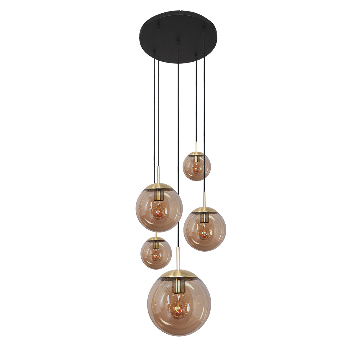 Hanglamp Bollique 2730ME messing 5 lichts lamp met amber glas