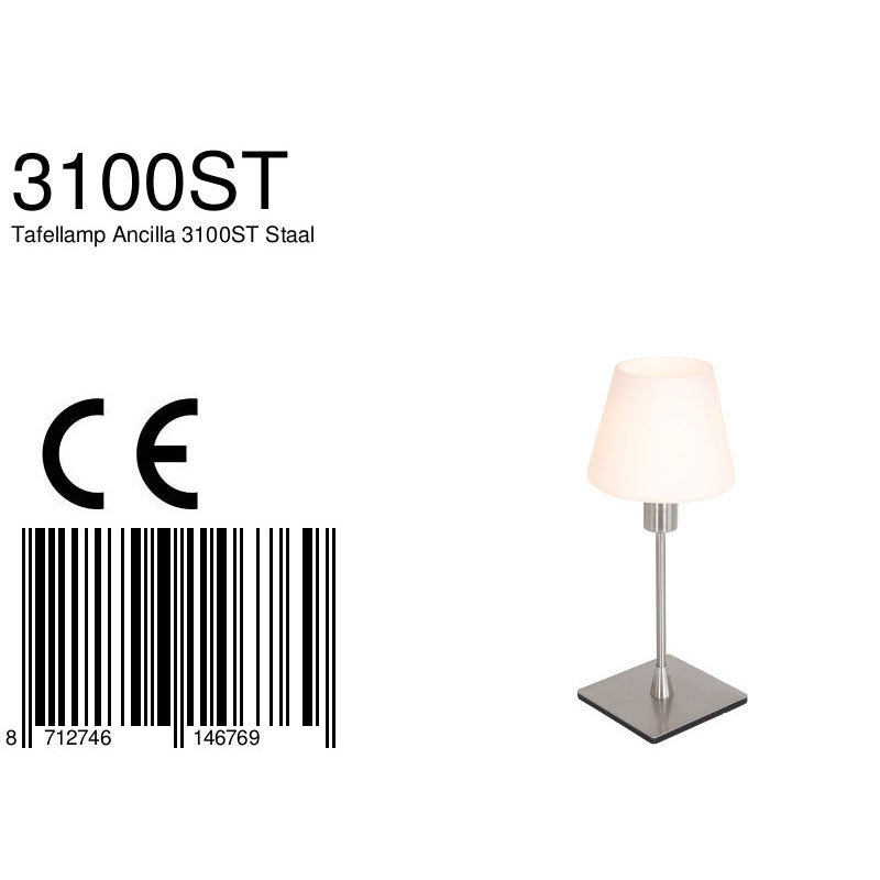 Tafellamp Ancilla 3100ST staal touch on/off met opaal wit glas