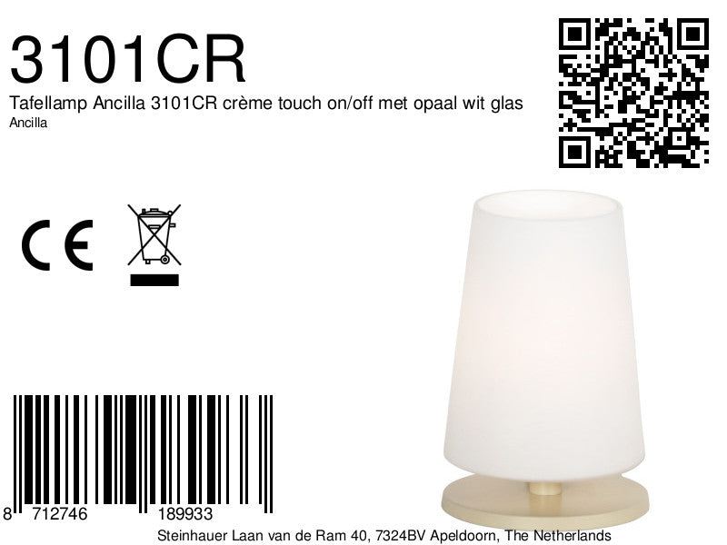 Tafellamp Ancilla 3101CR crème touch on/off met opaal wit glas