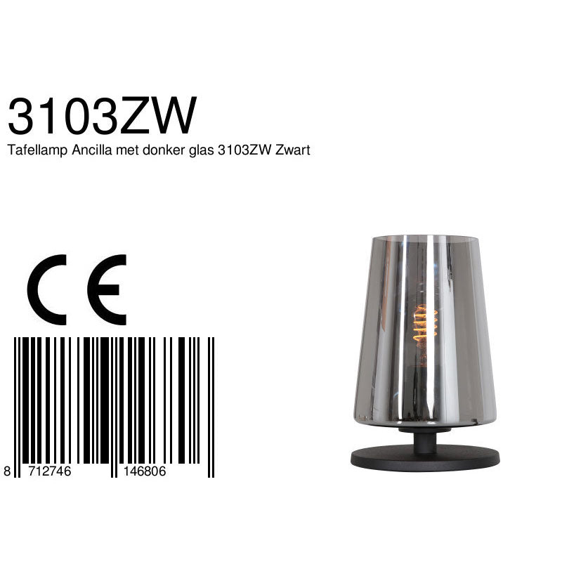Tafellamp Ancilla 3103ZW zwart touch on/off met smoke glas