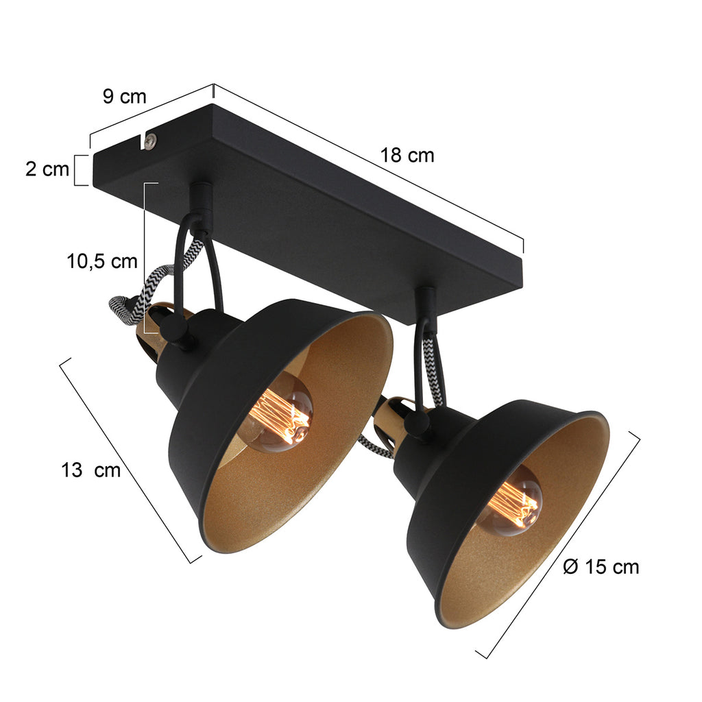 2 lichts zwart met gouden plafondspot Nove 3327ZW met E27 fitting
