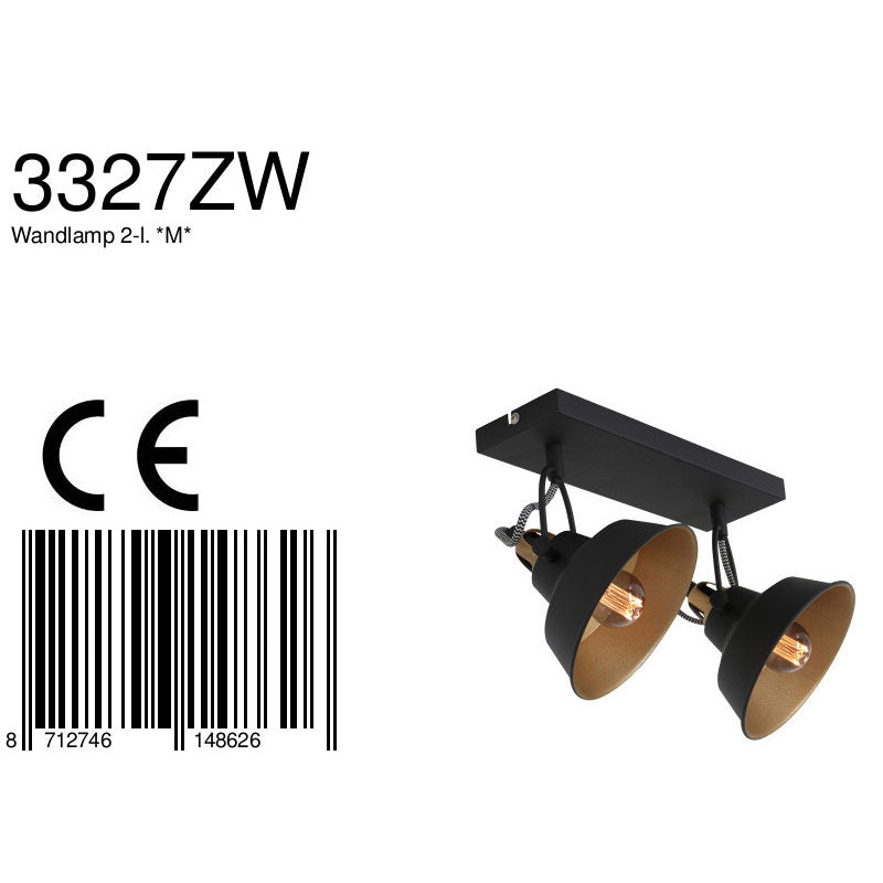2 lichts zwart met gouden plafondspot Nove 3327ZW met E27 fitting