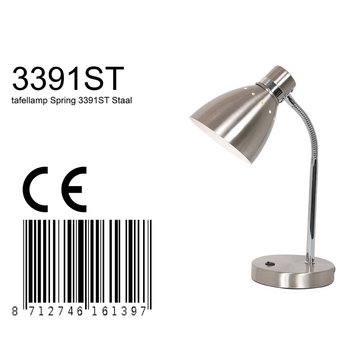 Tafellamp Spring 3391ST staal met E27 fitting