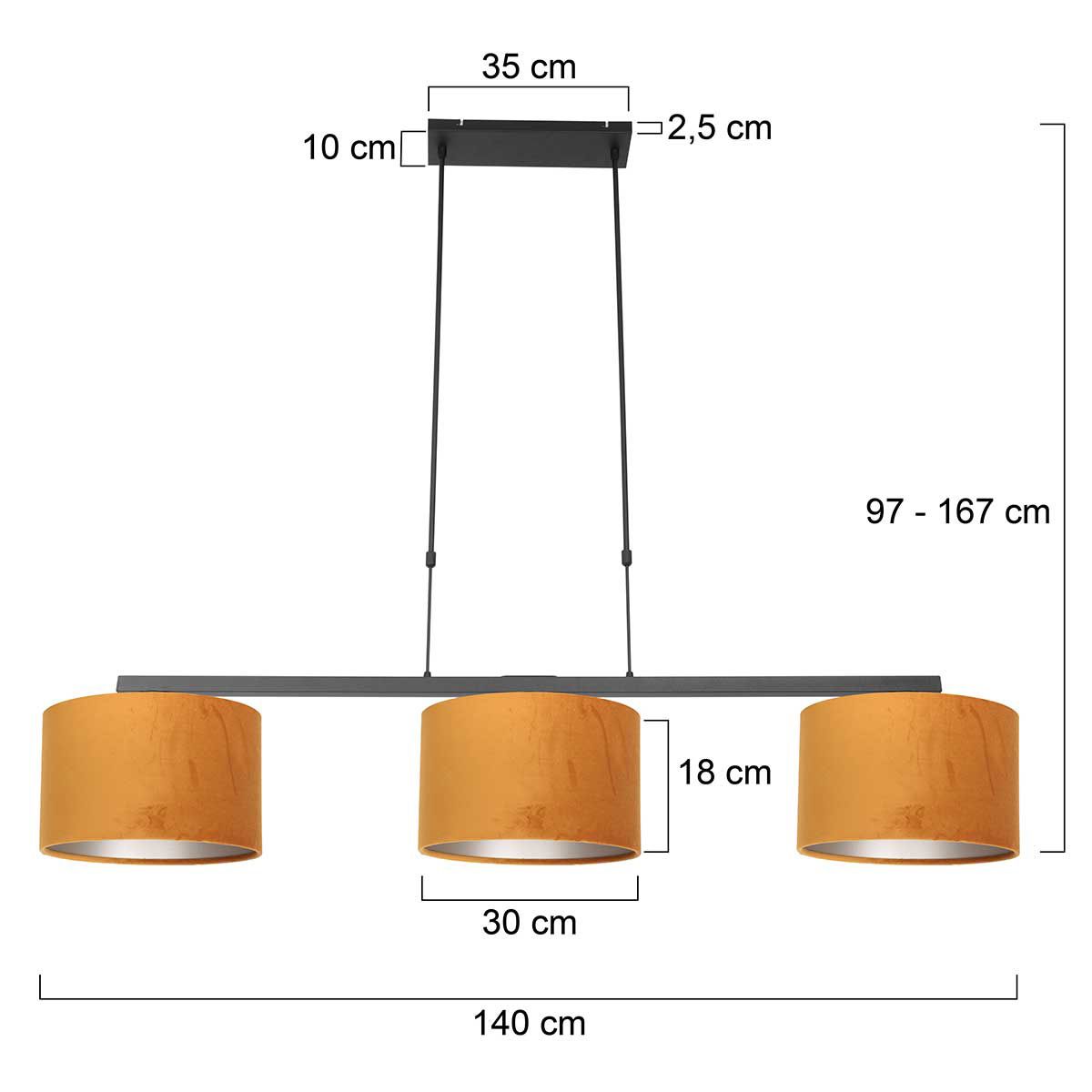Hanglamp Stang 3460ZW wart + Kap Velours Goud