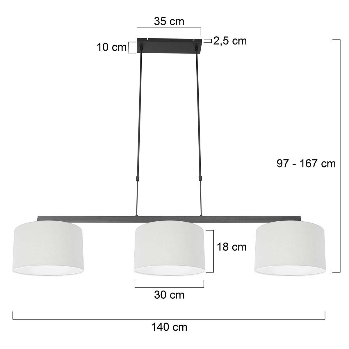 Hanglamp Stang 3461ZW Zwart + Kap Wit Linnen