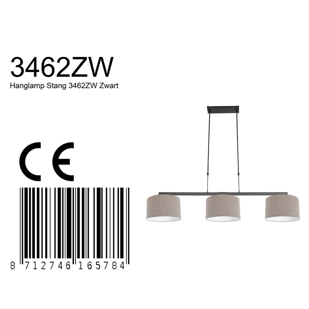 Hanglamp Stang 3462ZW Zwart + Kap Grijs Linnen