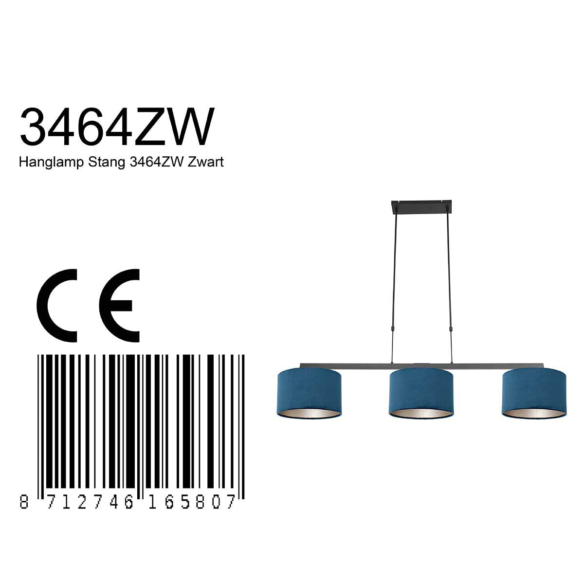 Hanglamp Stang 3464ZW Zwart + Kap Velours Blauw
