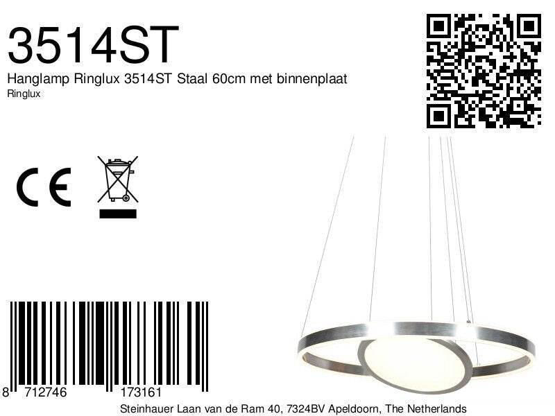 Hanglamp Ringlux 3514ST Staal 60cm met binnenplaat