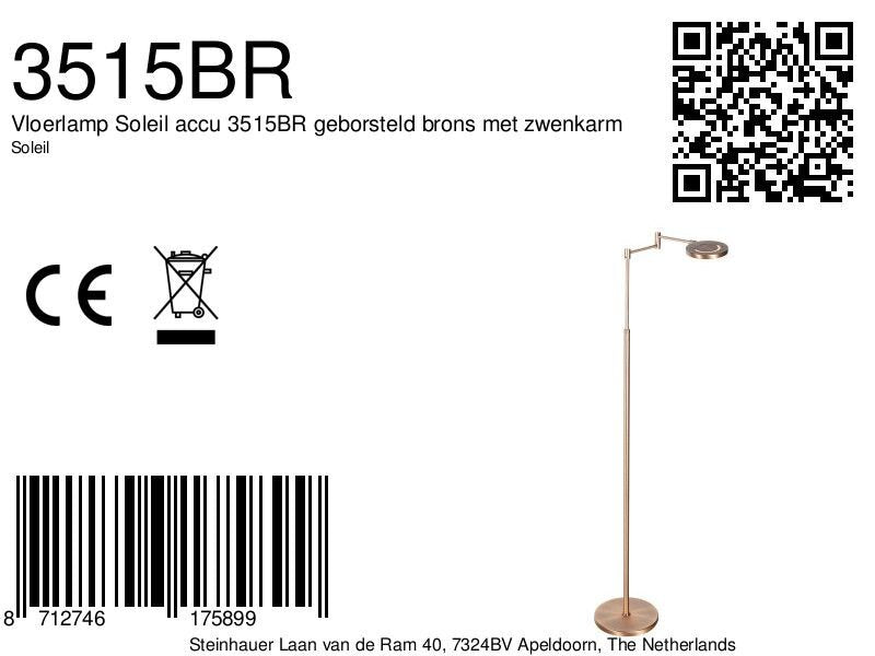 Vloerlamp Soleil accu 3515BR geborsteld brons met zwenkarm