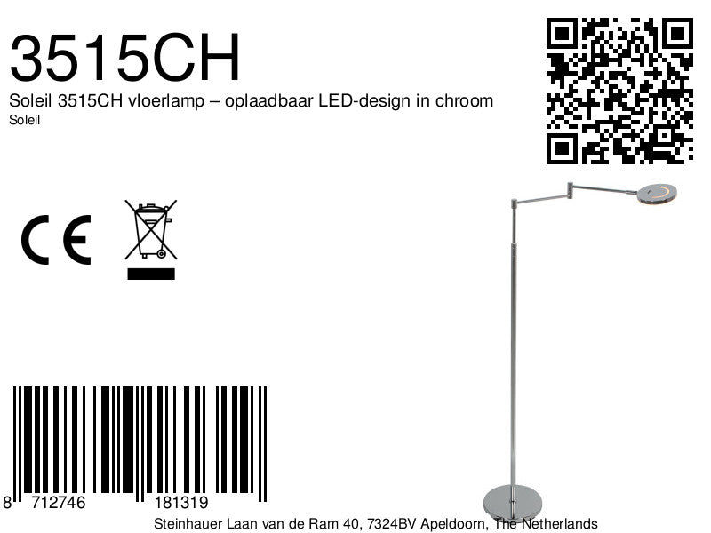 Soleil 3515CH vloerlamp – oplaadbaar leeslamp-design in chroom