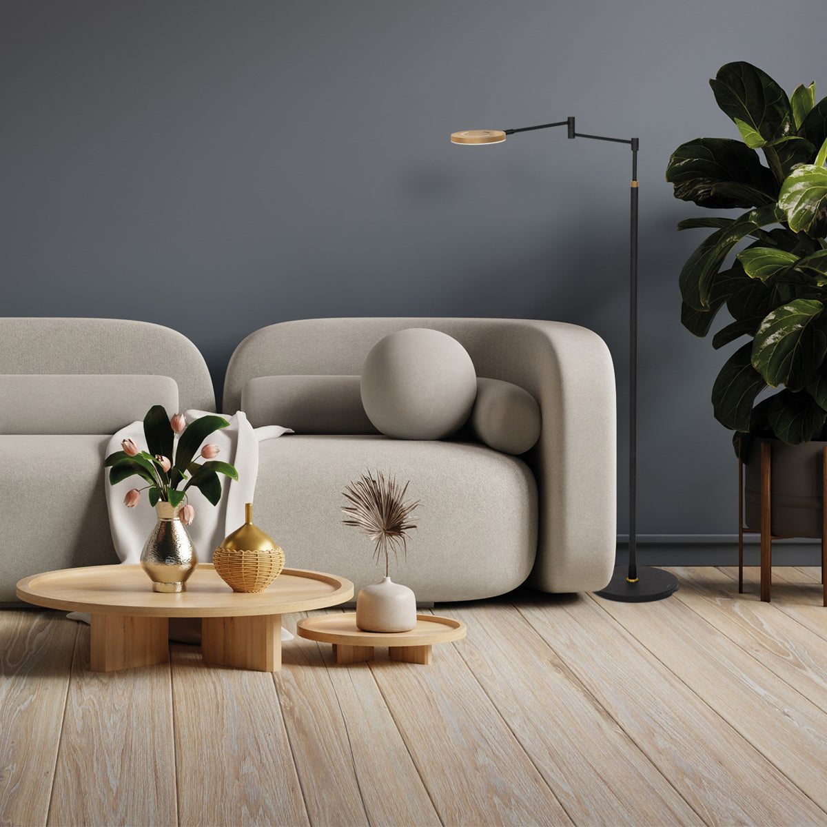 Zwarte vloerlamp Soleil 3515GO met goudkleurige details – Oplaadbare accu en zwenkarm