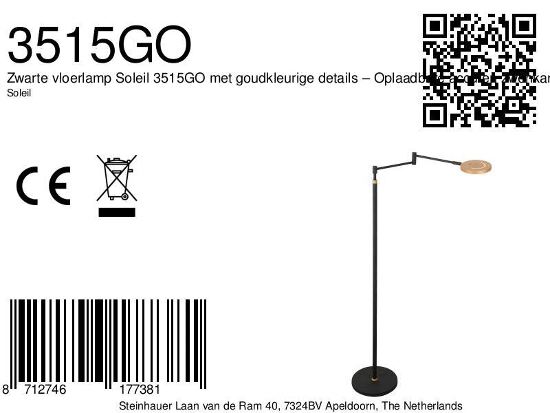 Zwarte vloerlamp Soleil 3515GO met goudkleurige details – Oplaadbare accu en zwenkarm