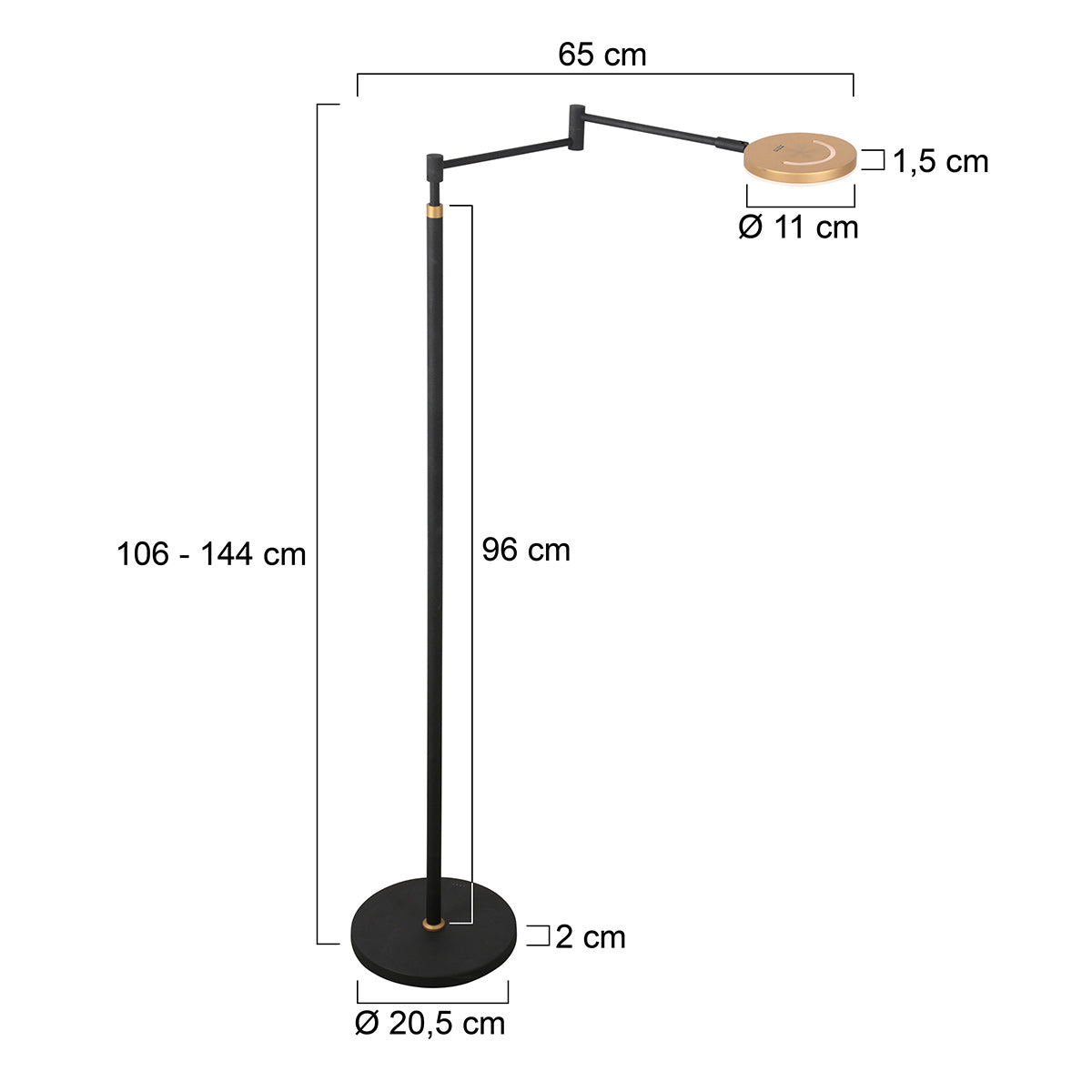 Zwarte vloerlamp Soleil 3515GO met goudkleurige details – Oplaadbare accu en zwenkarm