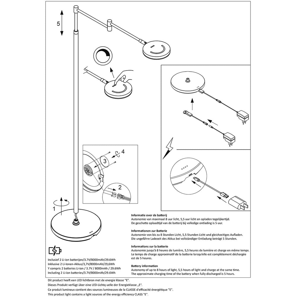 Vloerlamp Soleil accu 3515ZW zwart met zwenkarm