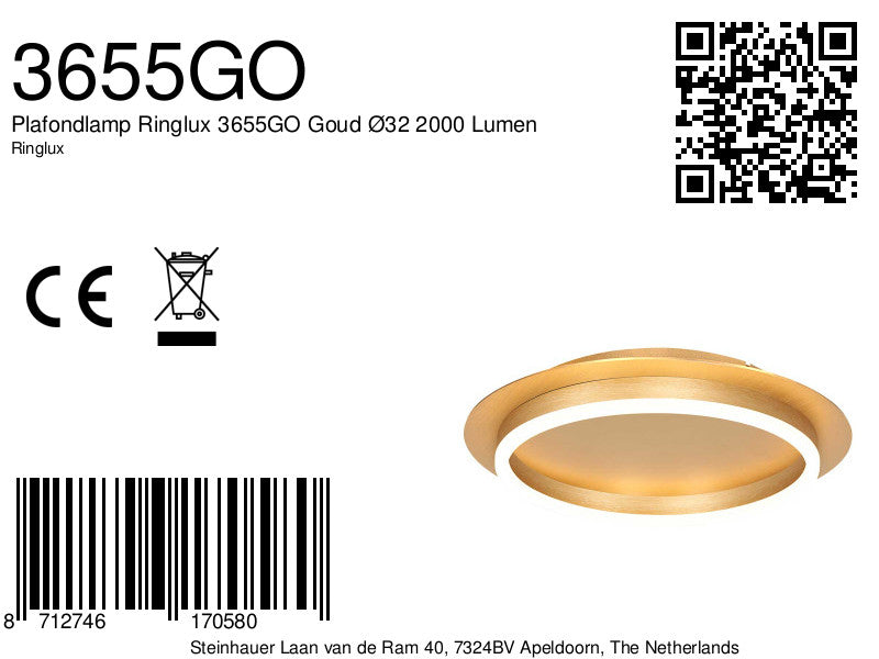 Plafondlamp Ringlux 3655GO gouden plafondlamp met warm LED licht
