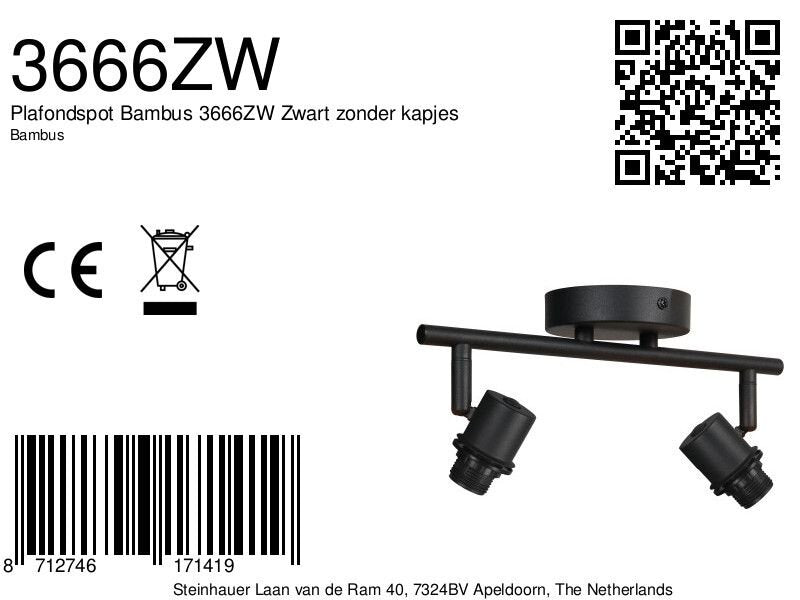 Plafondspot Bambus 3666ZW Zwart zonder kapjes