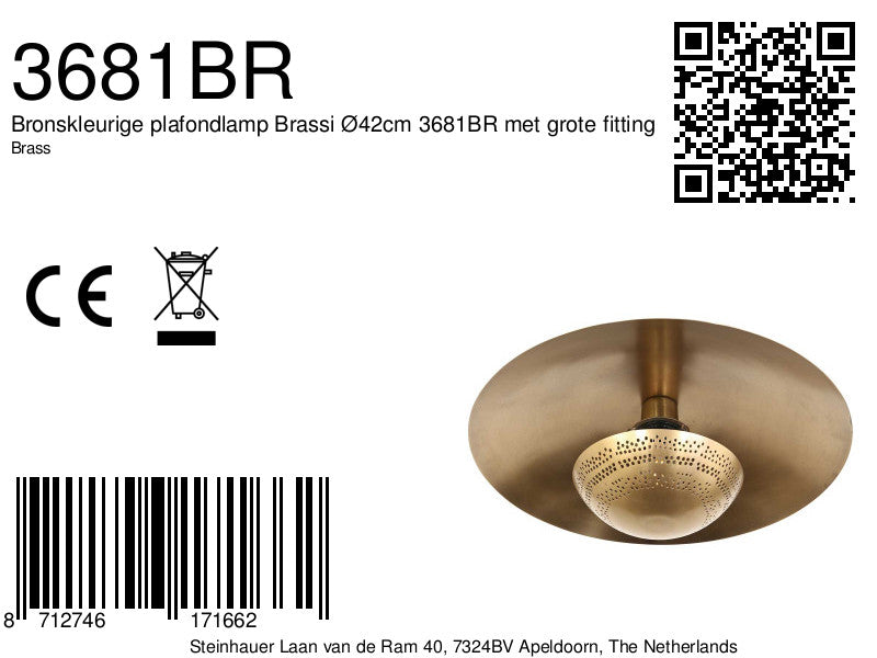 Bronskleurige plafondlamp Brassi Ø42cm 3681BR met grote fitting