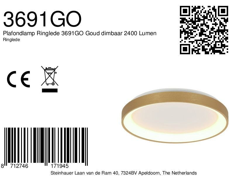Plafondlamp Ringlede 3691GO Goud dimbaar 2400 Lumen