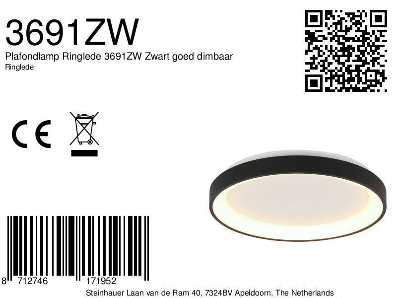 Plafondlamp Ringlede 3691ZW zwarte LED lamp Ø38 cm met uplight