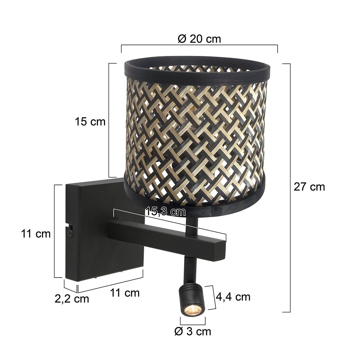 Zwarte wandlamp met leeslamp en kap