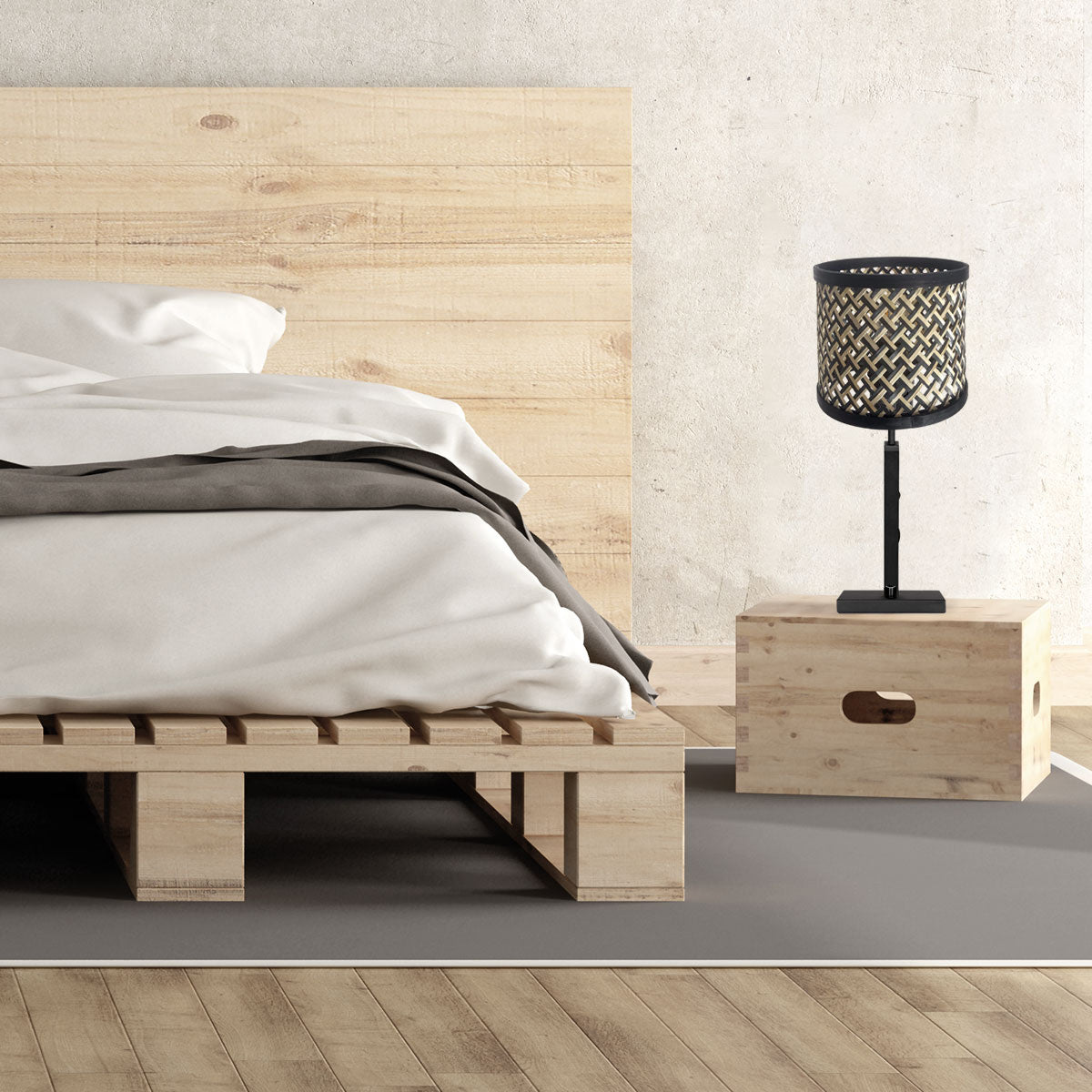 Zwarte tafellamp Stang 3707ZW met draai schakelaar en naturel met zwart bamboe kap