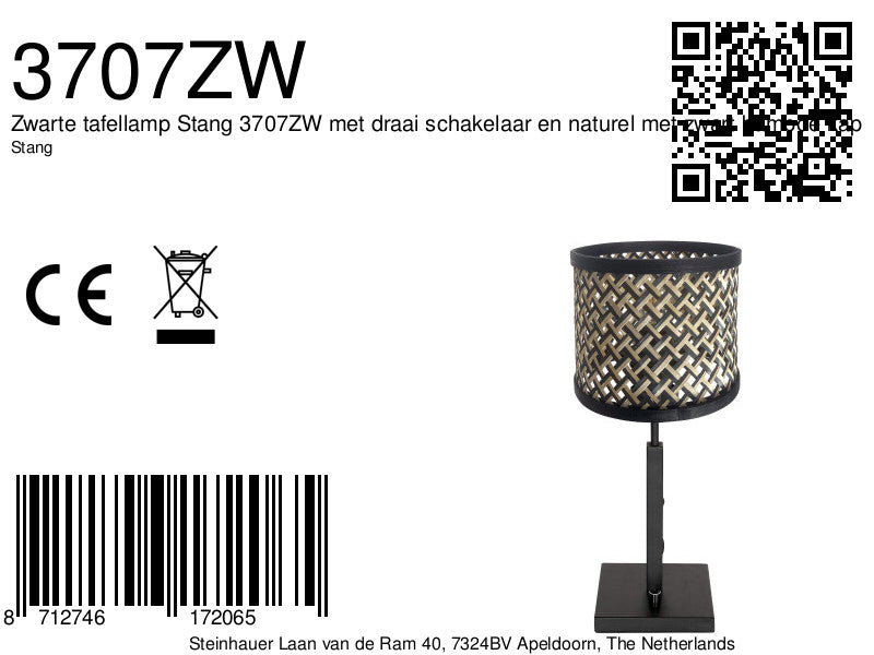 Zwarte tafellamp Stang 3707ZW met draai schakelaar en naturel met zwart bamboe kap
