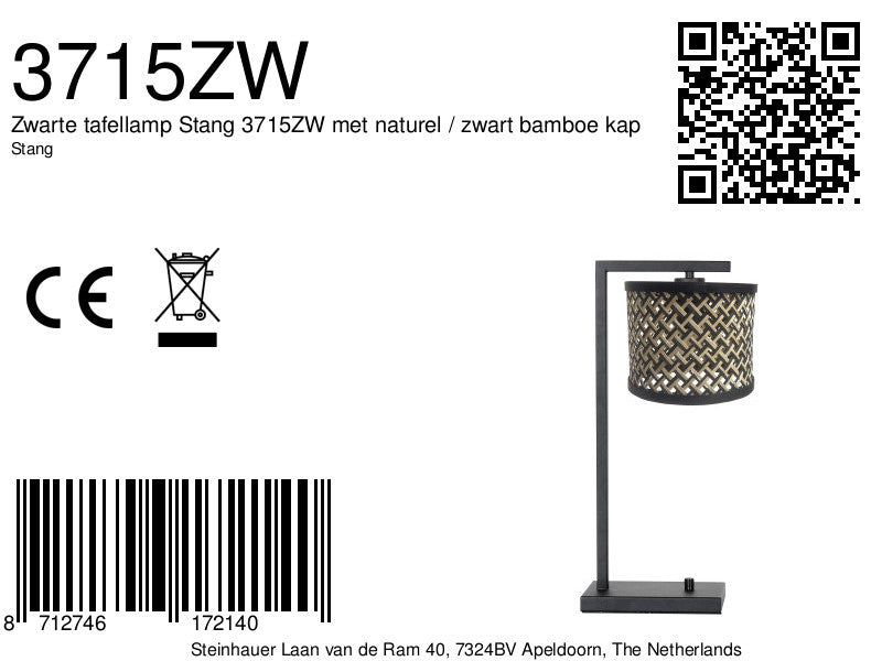 Zwarte tafellamp Stang 3715ZW met naturel / zwart bamboe kap