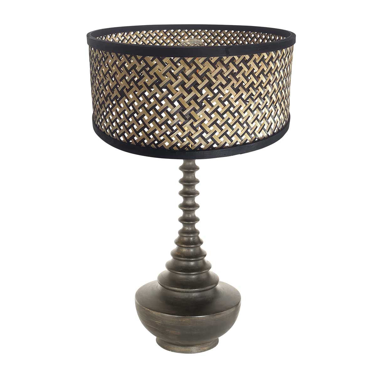 Lampvoet Bois 3757ZW zwartbruin met bamboe kap blank/zwart