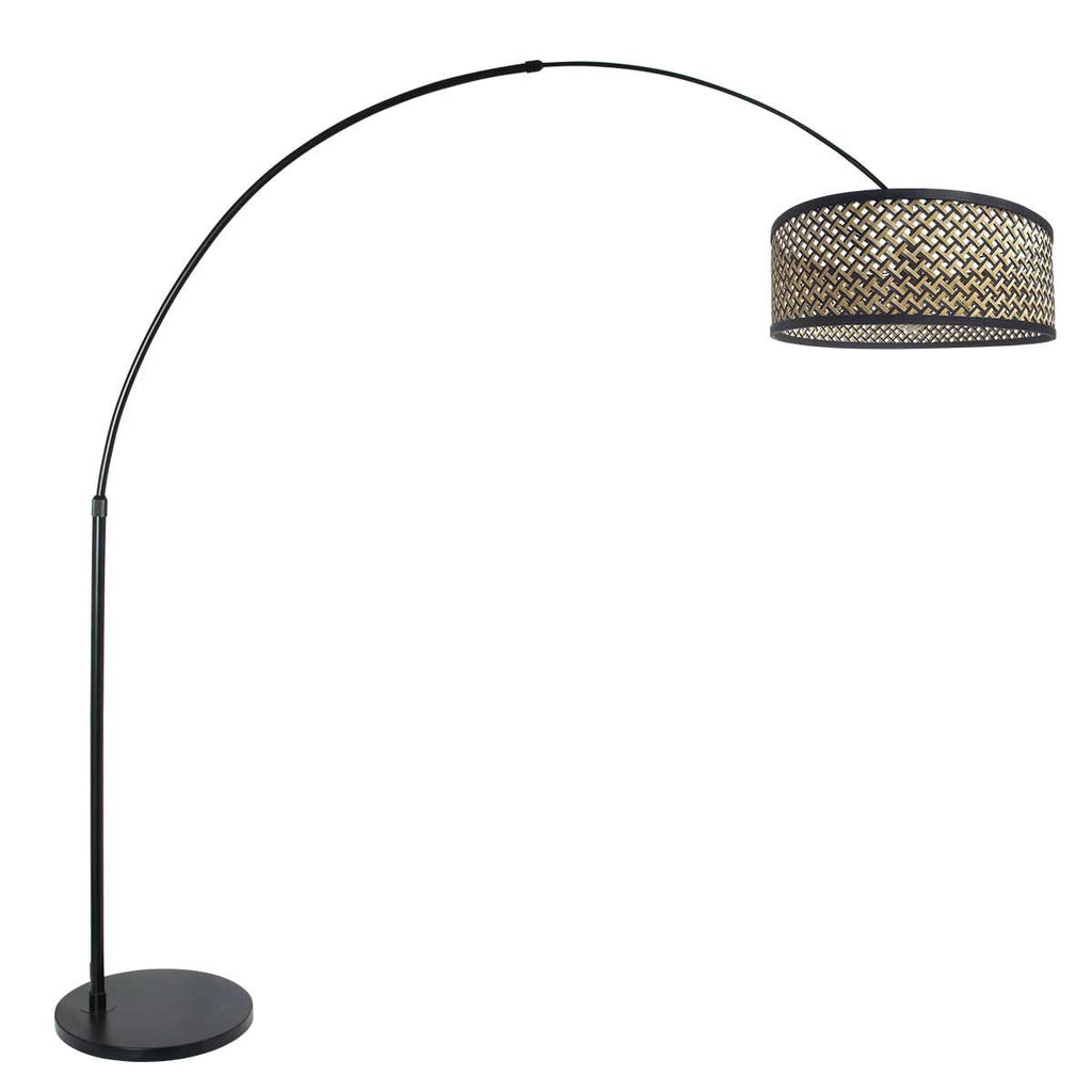 Zwarte vloerlamp / booglamp met bamboe/houten lampenkap