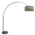 Zwarte vloerlamp / booglamp met bamboe/houten lampenkap