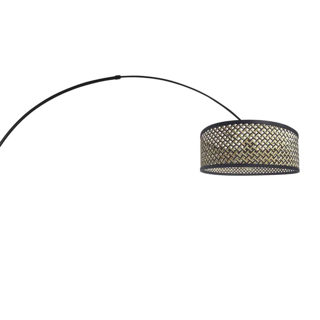 Zwarte vloerlamp / booglamp met bamboe/houten lampenkap