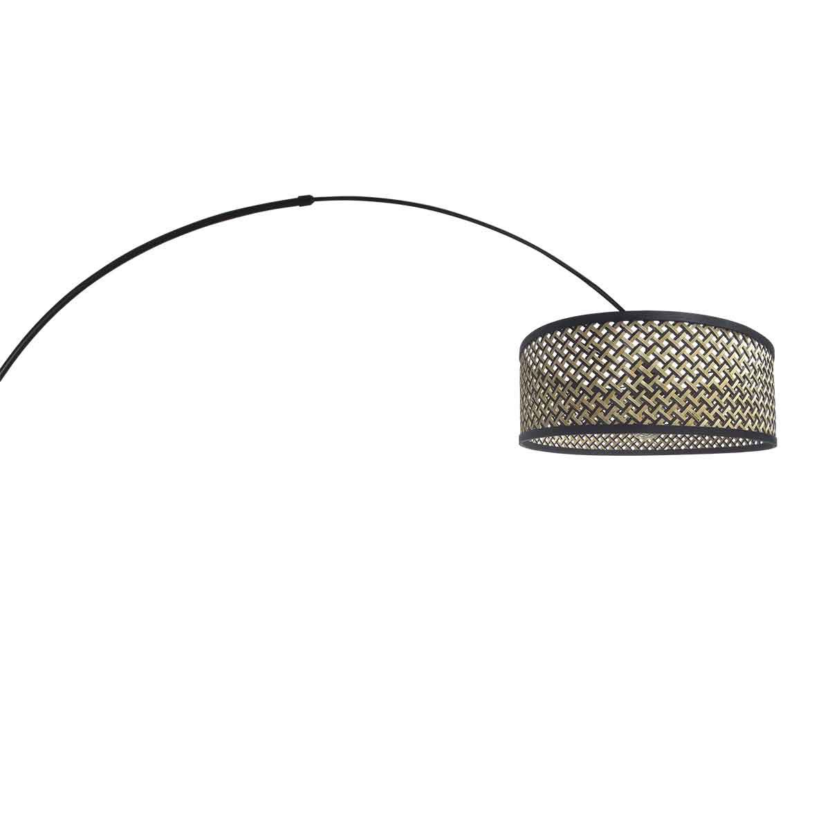 Zwarte vloerlamp / booglamp met bamboe/houten lampenkap