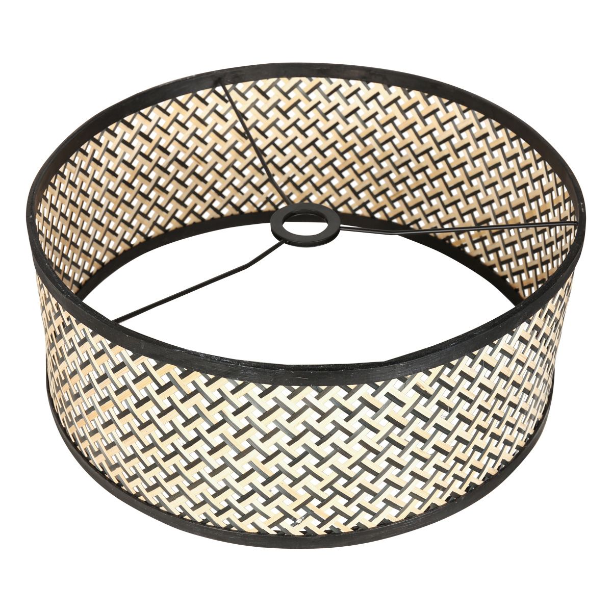 Zwarte vloerlamp / booglamp met bamboe/houten lampenkap